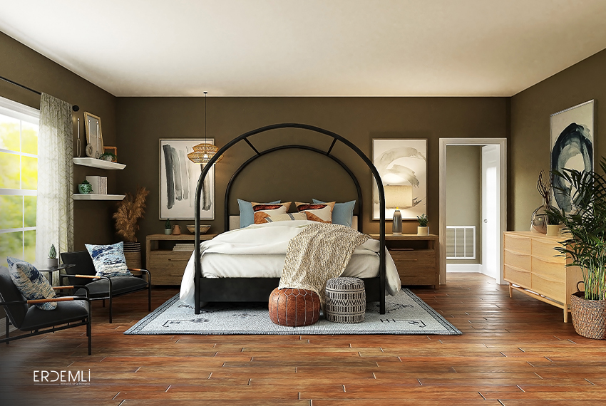 yatak odası tasarımları için yatak odası iç mimari görseli renkli